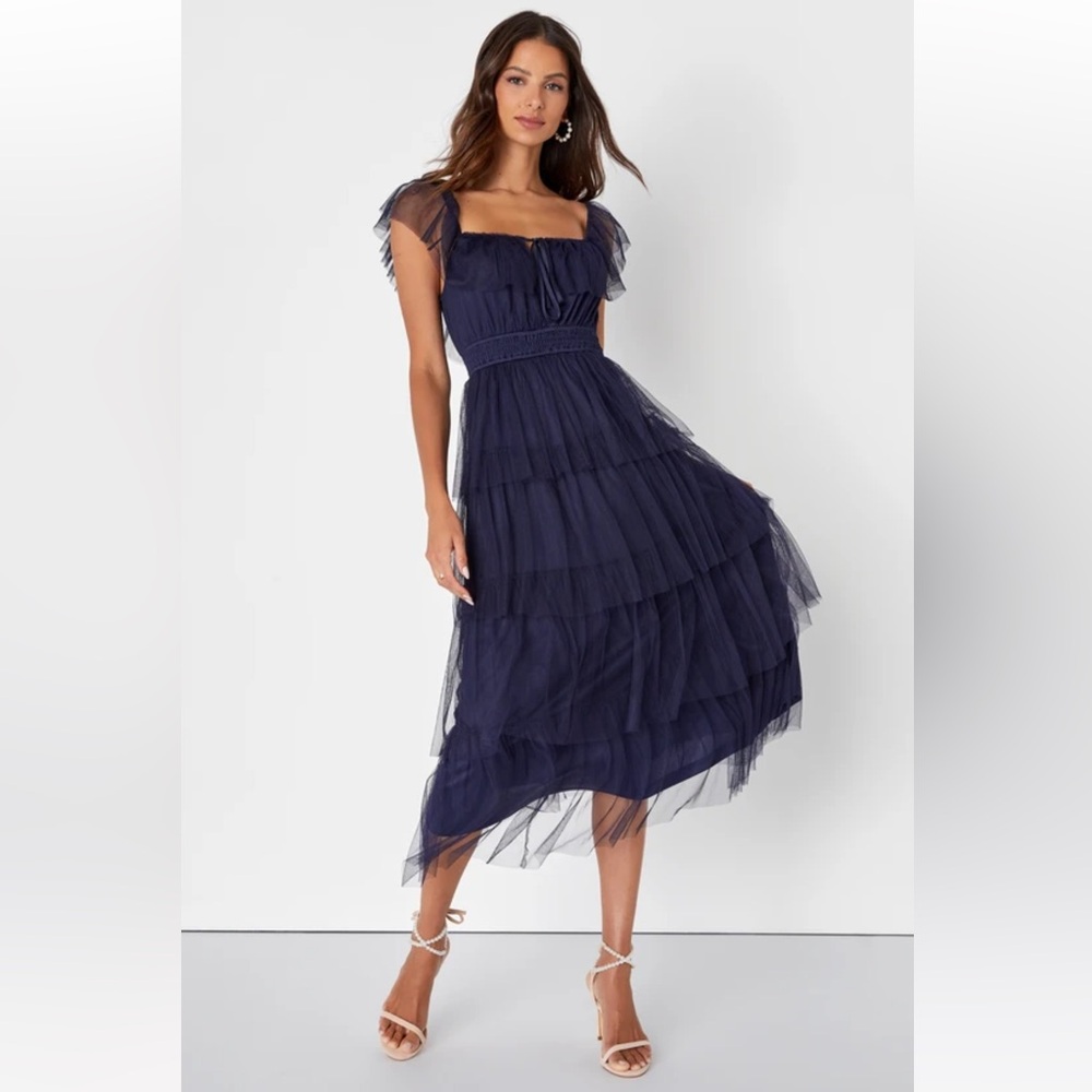 NWOT Lulus Tier I Come Navy Blue Tulle Square Neck Tiered Midi Dress Small